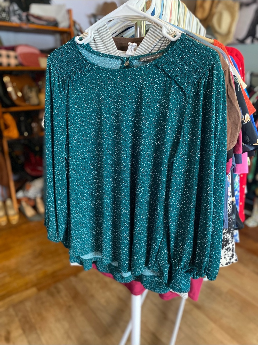 Adrianna Papell Teal Sparkle Long-Sleeve Blouse - Picture 3 of 9